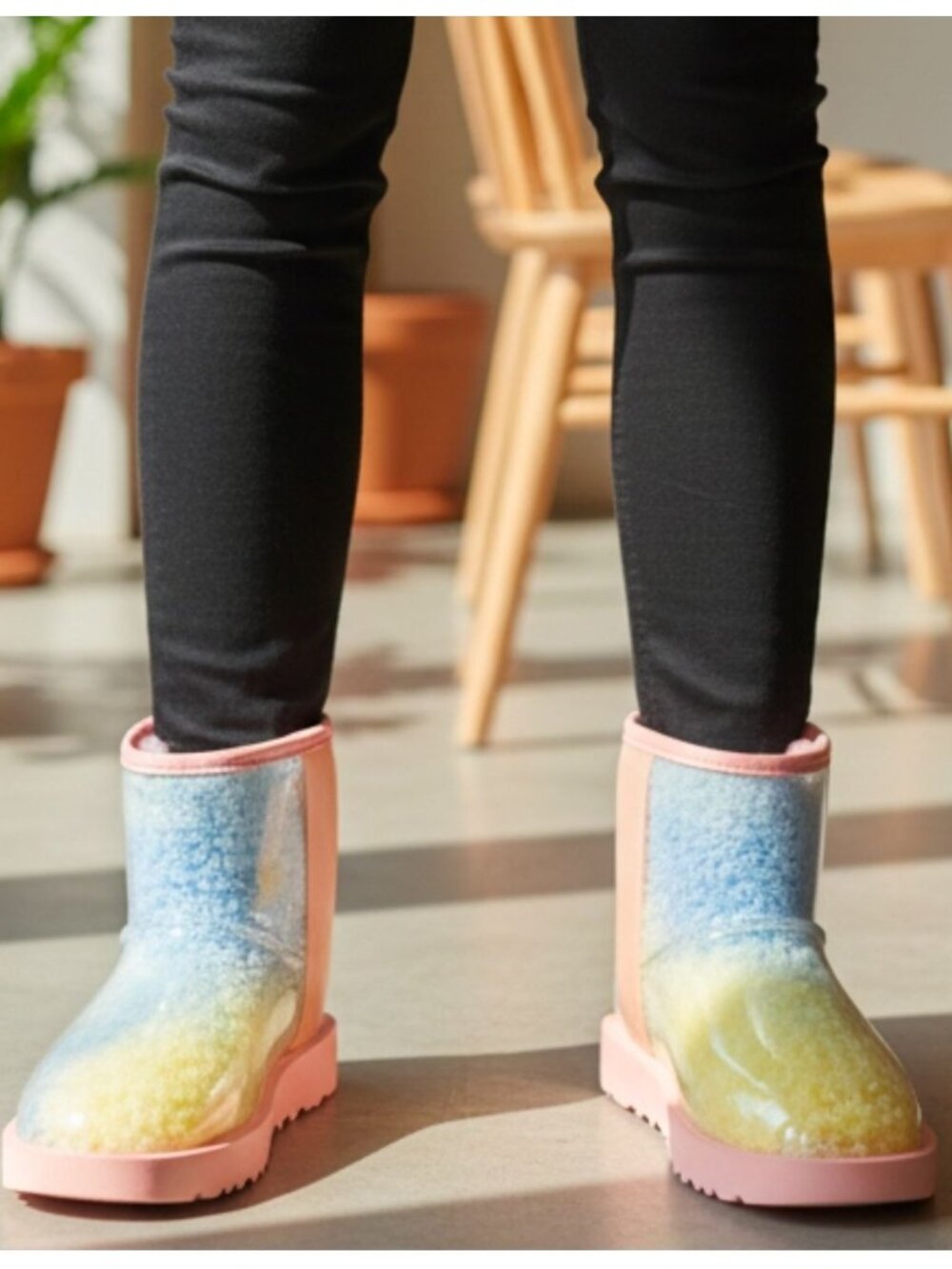 Colorful Gradient Shearling-Lined Waterproof Boots With Transparent Outer Shell